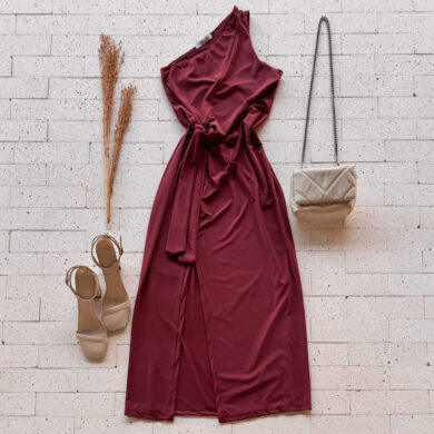 Dondoca_com_br Vestido Midi Um Ombro So Com Fenda E Nozinho Na Cintura Vinho