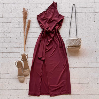Dondoca_com_br Vestido Midi Um Ombro So Com Fenda E Nozinho Na Cintura Vinho