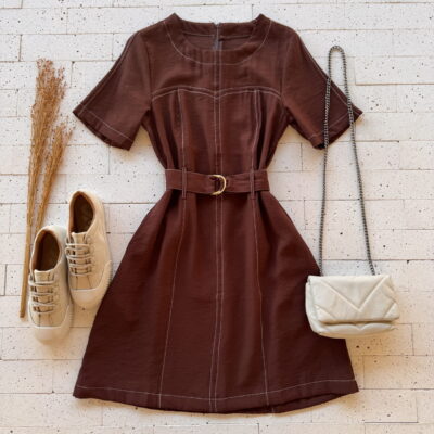 Dondoca_com_br Vestido Pespontado Com Cinto Cafe