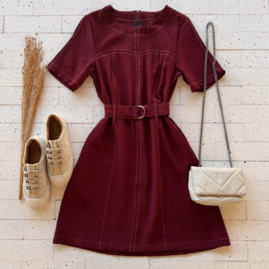 Dondoca_com_br Vestido Pespontado Com Cinto Vinho
