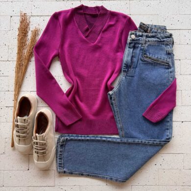 Dondoca_com_br Blusa Trico Gola V Basic Magenta