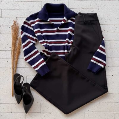 Dondoca_com_br Blusa Trico Modal Listrada Com Gola Color Marinho