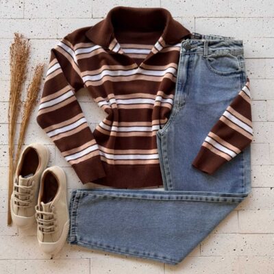 Dondoca_com_br Blusa Trico Modal Listrada Com Gola Color Marrom E Bege