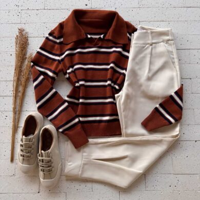 Dondoca_com_br Blusa Trico Modal Listrada Com Gola Color Telha