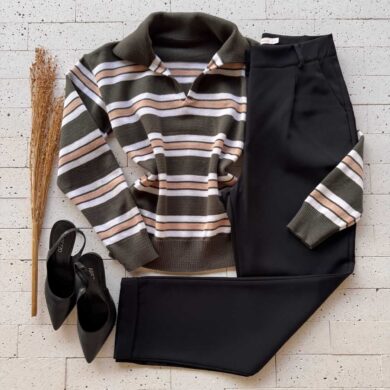 Dondoca_com_br Blusa Trico Modal Listrada Com Gola Color Verde Oliva