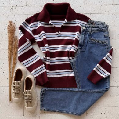 Dondoca_com_br Blusa Trico Modal Listrada Com Gola Color Vinho