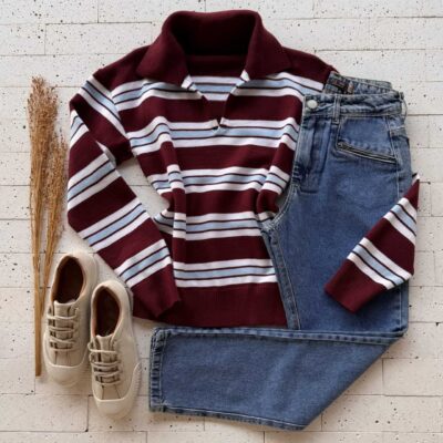 Dondoca_com_br Blusa Trico Modal Listrada Com Gola Color Vinho