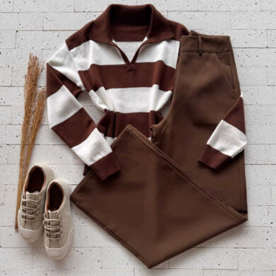 Dondoca_com_br Blusa Trico Modal Listrada Com Gola Marrom