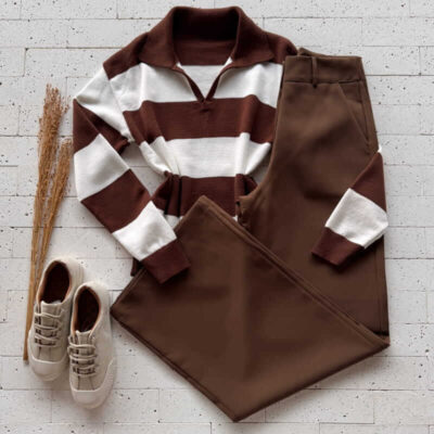 Dondoca_com_br Blusa Trico Modal Listrada Com Gola Marrom