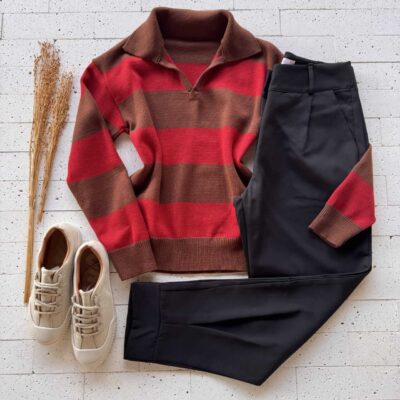 Dondoca_com_br Blusa Trico Modal Listrada Com Gola Marrom E Vermelha