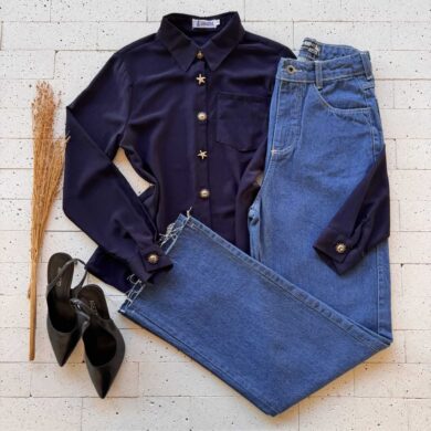 Dondoca_com_br Camisa Feminina Com Botoes Trabalhados Premium Marinho
