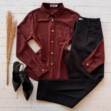 Dondoca_com_br Camisa Feminina Com Botoes Trabalhados Premium Vinho