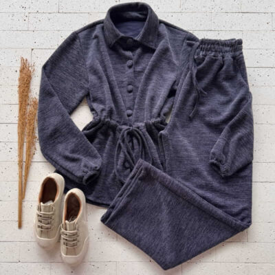 Dondoca_com_br Conjunto Blusa Com Ajuste Na Cintura E Calca Ampla Marinho