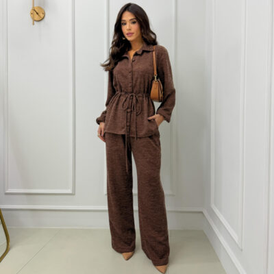 Dondoca_com_br Conjunto Blusa Com Ajuste Na Cintura E Calca Ampla Marrom