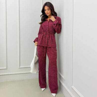 Dondoca_com_br Conjunto Blusa Com Ajuste Na Cintura E Calca Ampla Vinho