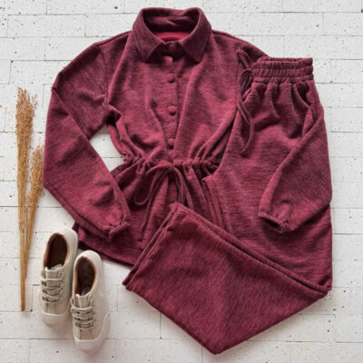 Dondoca_com_br Conjunto Blusa Com Ajuste Na Cintura E Calca Ampla Vinho