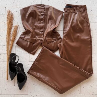Dondoca_com_br Conjunto De Couro Sintetico Tomara Que Caia E Pantalona Cafe