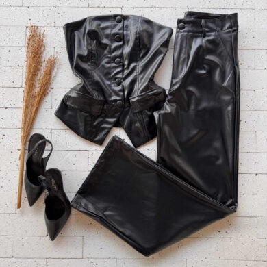 Dondoca_com_br Conjunto De Couro Sintetico Tomara Que Caia E Pantalona Preto