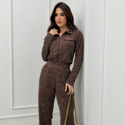 Dondoca_com_br Conjunto Lanzinha Blusa Com Ziper E Wide Leg Cafe