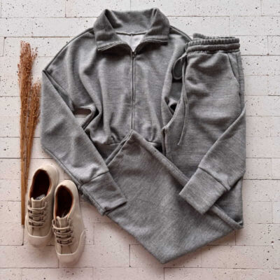 Dondoca_com_br Conjunto Lanzinha Blusa Ziper Com Gola E Calca Ampla Mescla