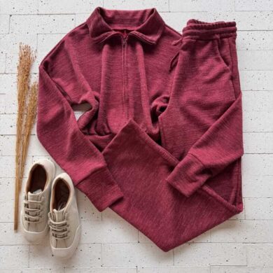 Dondoca_com_br Conjunto Lanzinha Blusa Ziper Com Gola E Calca Ampla Vinho