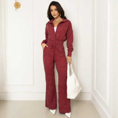Dondoca_com_br Conjunto Lanzinha Blusa Ziper Com Gola E Calca Ampla Vinho