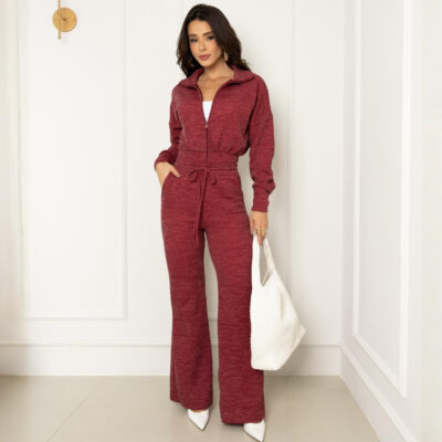 Dondoca_com_br Conjunto Lanzinha Blusa Ziper Com Gola E Calca Ampla Vinho
