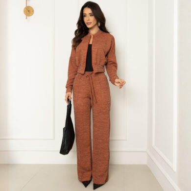 Dondoca_com_br Conjunto Lanzinha Blusa Ziper E Calca Ampla Terracota