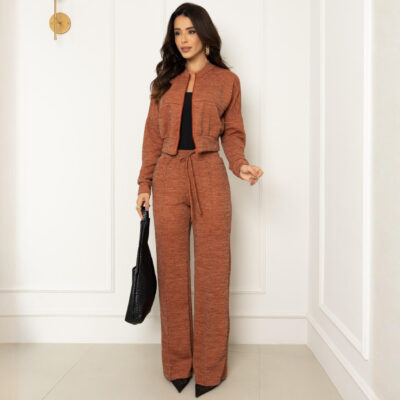 Dondoca_com_br Conjunto Lanzinha Blusa Ziper E Calca Ampla Terracota