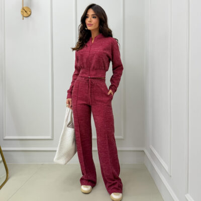 Dondoca_com_br Conjunto Lanzinha Blusa Ziper E Calca Ampla Vinho