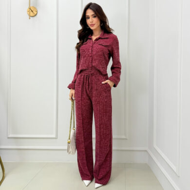 Dondoca_com_br Conjunto Lanzinha Botoes E Calca Ampla Vinho