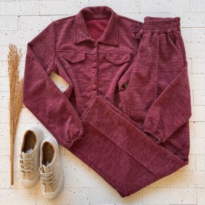 Dondoca_com_br Conjunto Lanzinha Botoes E Calca Ampla Vinho
