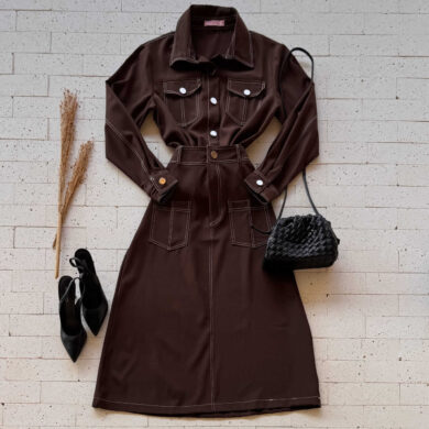 Dondoca_com_br Conjunto Saia Midi E Camisa Utilitaria Premium Com Pespontos Cafe