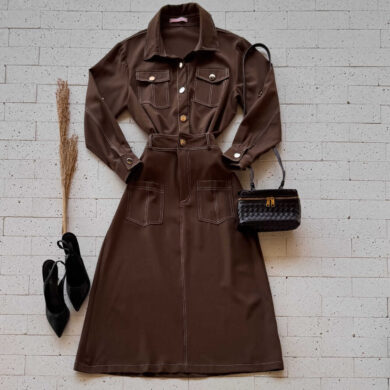 Dondoca_com_br Conjunto Saia Midi E Camisa Utilitaria Premium Com Pespontos Marrom