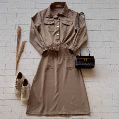 Dondoca_com_br Conjunto Saia Midi E Camisa Utilitaria Premium Com Pespontos Nude