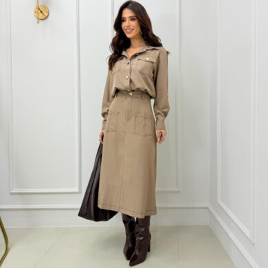 Dondoca_com_br Conjunto Saia Midi E Camisa Utilitaria Premium Com Pespontos Nude