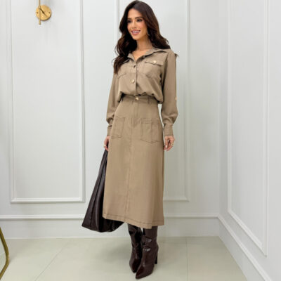 Dondoca_com_br Conjunto Saia Midi E Camisa Utilitaria Premium Com Pespontos Nude