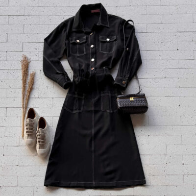 Dondoca_com_br Conjunto Saia Midi E Camisa Utilitaria Premium Com Pespontos Preto