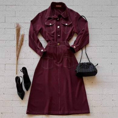 Dondoca_com_br Conjunto Saia Midi E Camisa Utilitaria Premium Com Pespontos Vinho