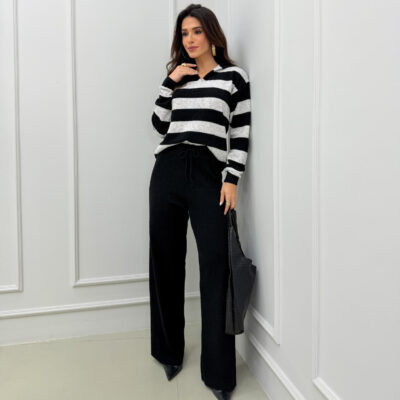 Dondoca_com_br Conjunto Trico Mousse Blusa Listrada Com Gola E Pantalona Preto
