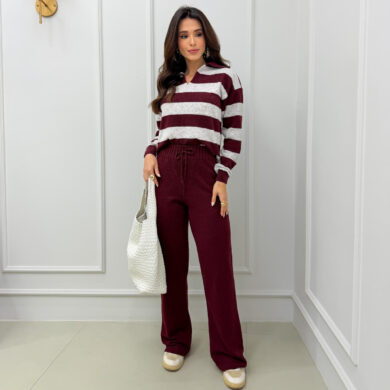 Dondoca_com_br Conjunto Trico Mousse Blusa Listrada Com Gola E Pantalona Vinho