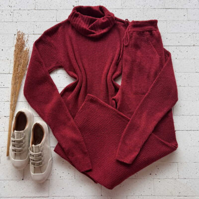 Dondoca_com_br Conjunto Trico Mousse Gola Boba E Pantalona Marsala