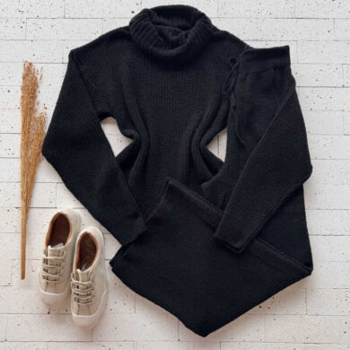 Dondoca_com_br Conjunto Trico Mousse Gola Boba E Pantalona Preto