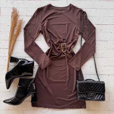 Dondoca_com_br Vestido Manga Longa Com Fivela Na Cintura Cafe