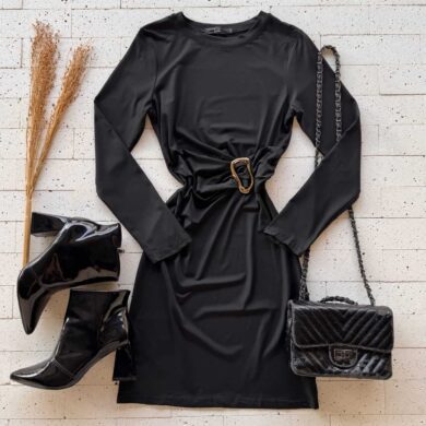 Dondoca_com_br Vestido Manga Longa Com Fivela Na Cintura Preto
