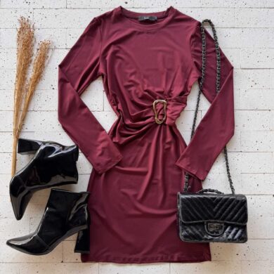 Dondoca_com_br Vestido Manga Longa Com Fivela Na Cintura Vinho