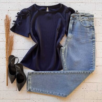 Dondoca_com_br Blusa Detalhe Lacinhos Na Manga Marinho