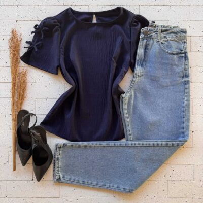 Dondoca_com_br Blusa Detalhe Lacinhos Na Manga Marinho