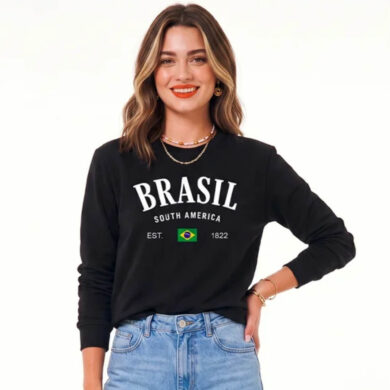 Dondoca_com_br Blusa Feminina Do Brasil Manga Longa Estampa Brasil 1822 Preta
