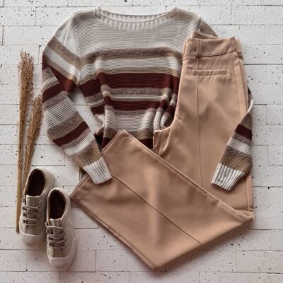 Dondoca_com_br Blusa Trico Listrada Detalhe Mousse Bege
